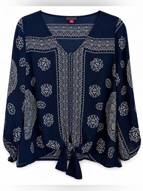 Vince Camuto Tie-Hem V-Neck Blouse Navy and White Bandana-Print Boho Coastal M